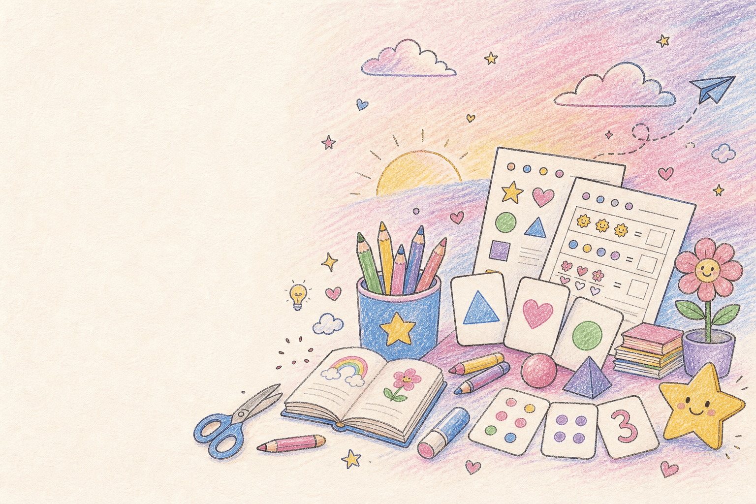 Hand-drawn printable learning activities, pencils, books, shapes, and number cards